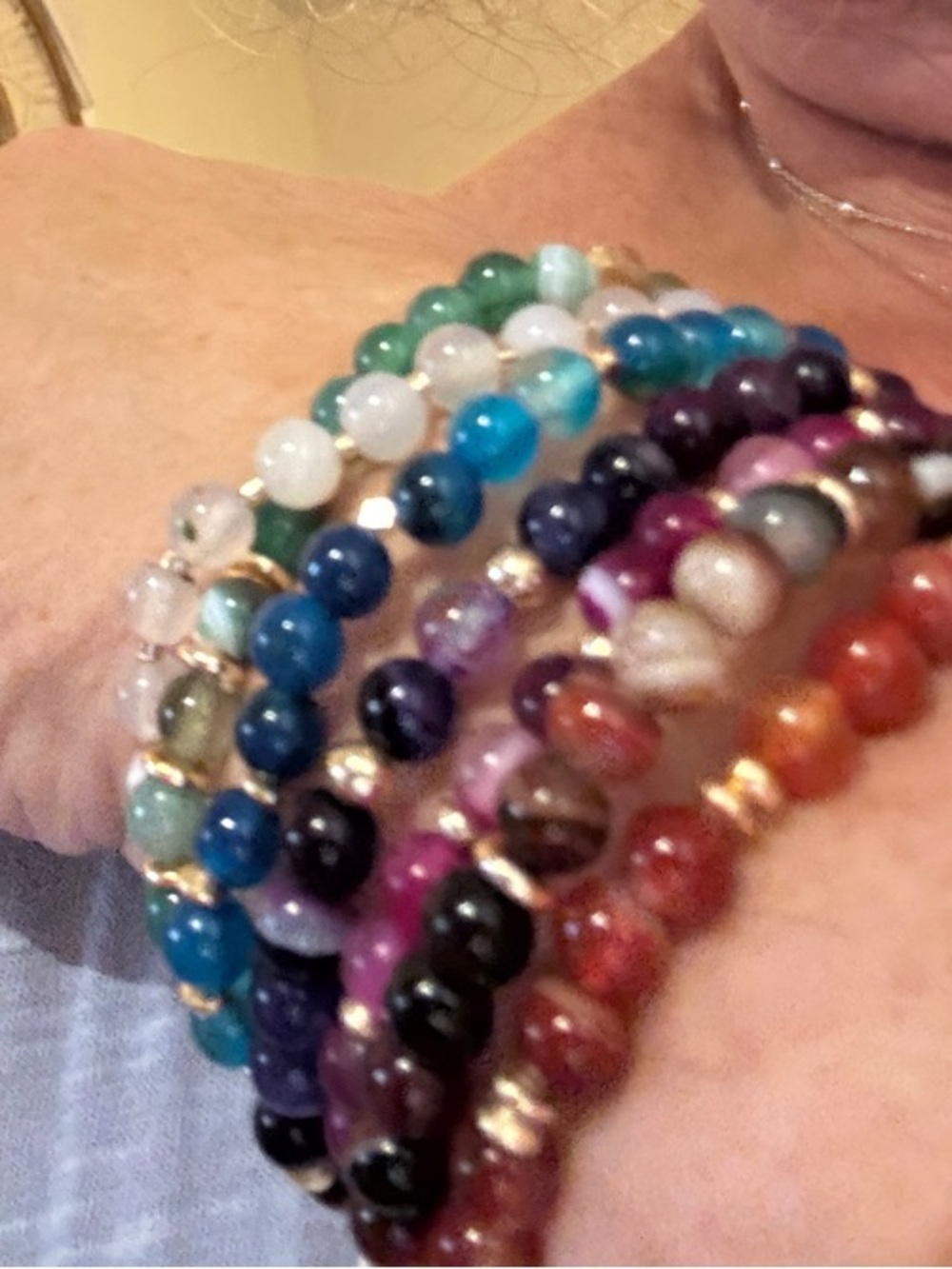 Agate Bead Stretch Bracelet Set - Multicolor Beads with Gold Accents